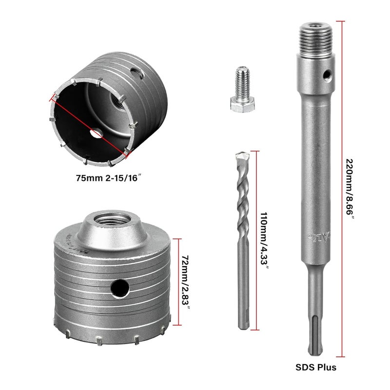SALI Concrete Hole Saw Kits 2-15/16"（75mm）Tungsten Steel Wall Hole Cutter Drill Bit Sets with 220mm SDS Plus Shank Connecting Rod，110mm Center Positioning Drill Bits for Cinder Block,Brick,Adobe Wall - Image 2